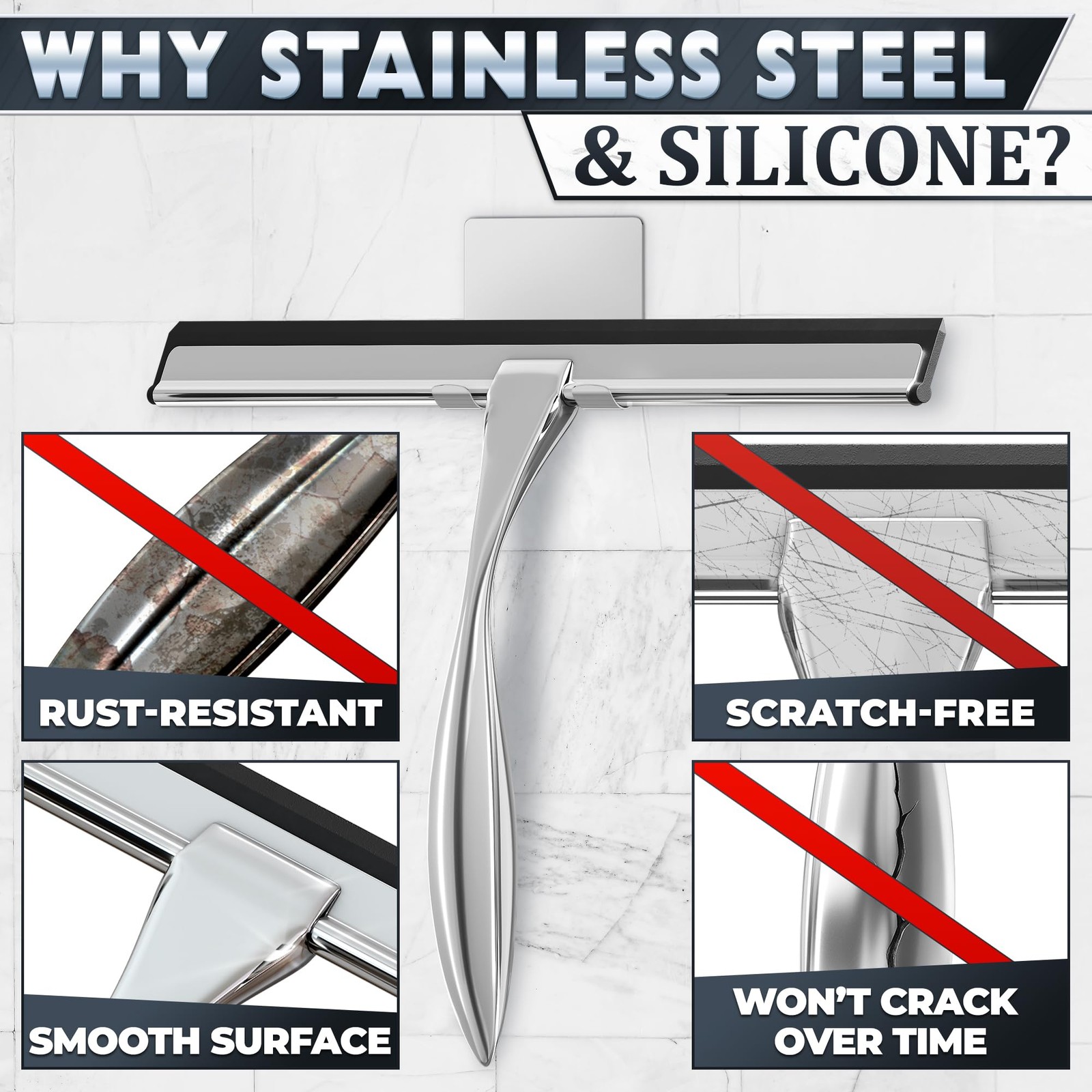 12″ Silver Shower Door Squeegee – Stainless Steel Shower Squeegee for Streak-…