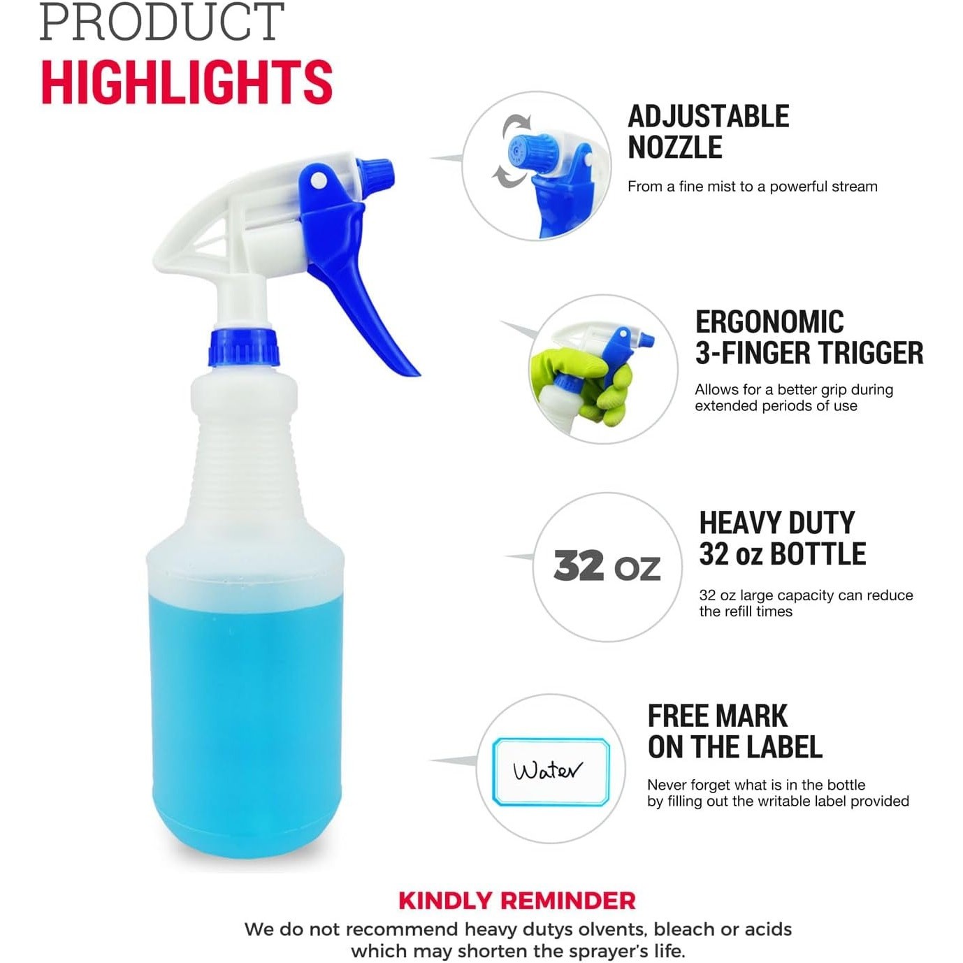 3 Pack 32oz Spray Bottles Heavy Duty Adjustable Nozzle Leak Proof Cleaning