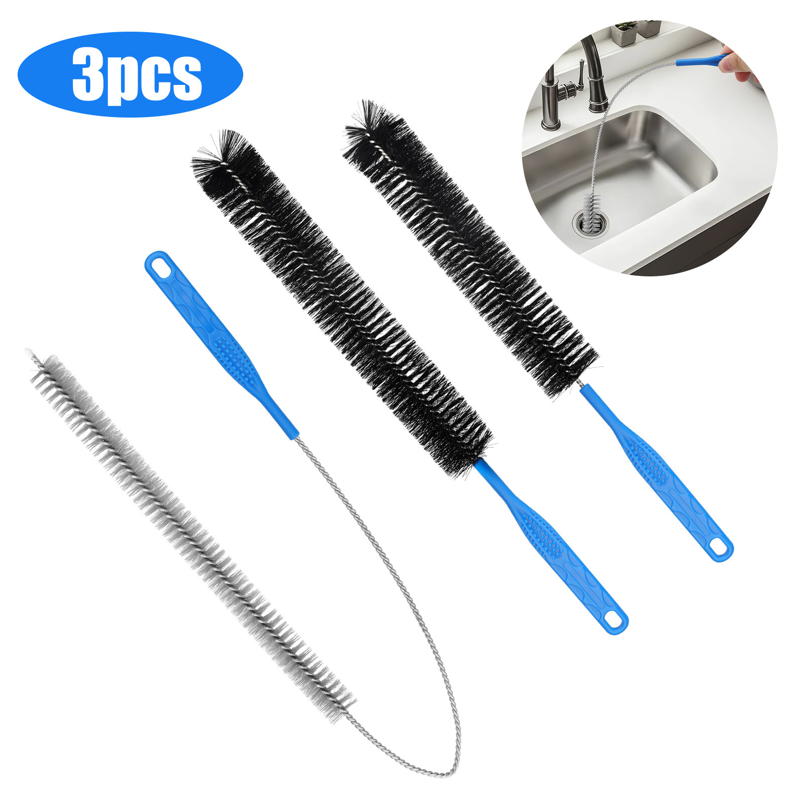 3 PCS Drain Pipe Cleaning Brush Set – Flexible Sink Bathtub Clog Remover Tools