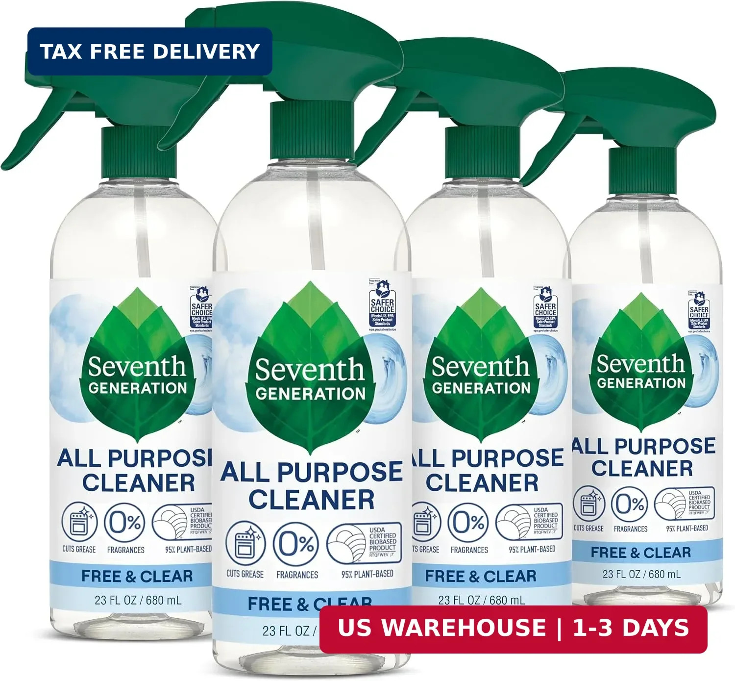 Seventh Generation All Purpose Cleaner, Free & Clear, 23 oz, Pack of 4, Plant-Ba
