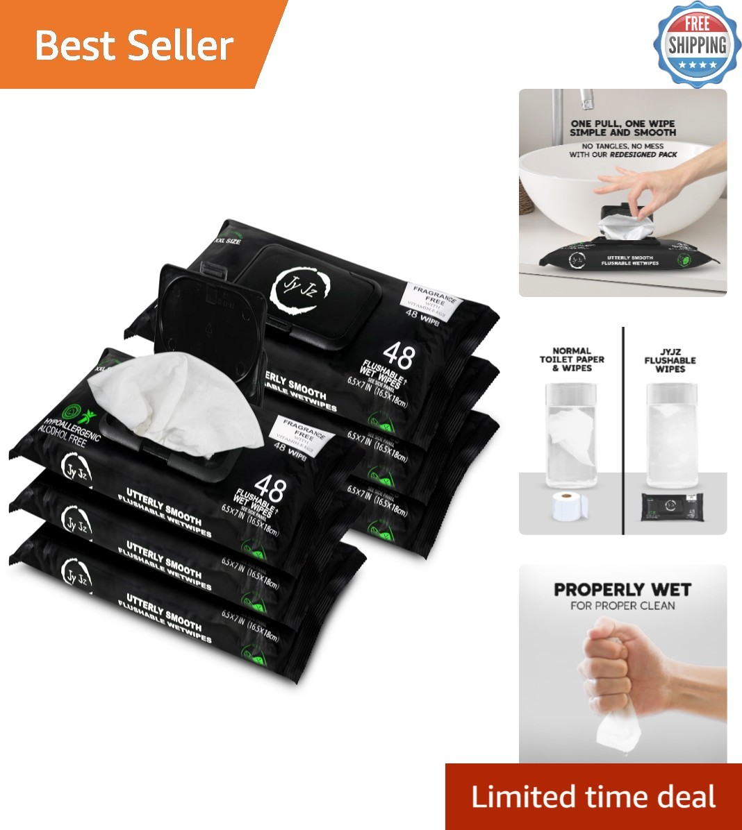 Extra Large Aloe & Vitamin-E Wet Wipes – 6 Pack, Odor Eliminating & Eco-Friendly