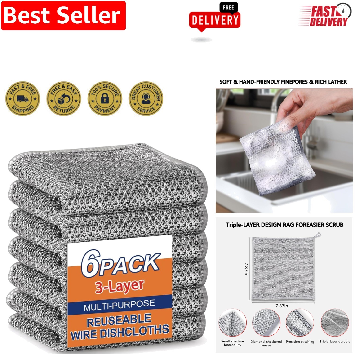 Odor-Free 3-Layer Stainless Steel Scouring Pad – 6PCS, For Effortless Cleaning