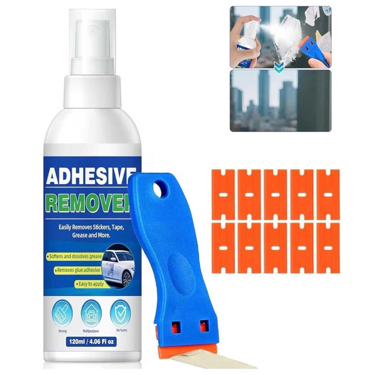 Adhesive Remover Spray 120ml/4.06 fl oz for Multiple Surfaces w/ Scraper