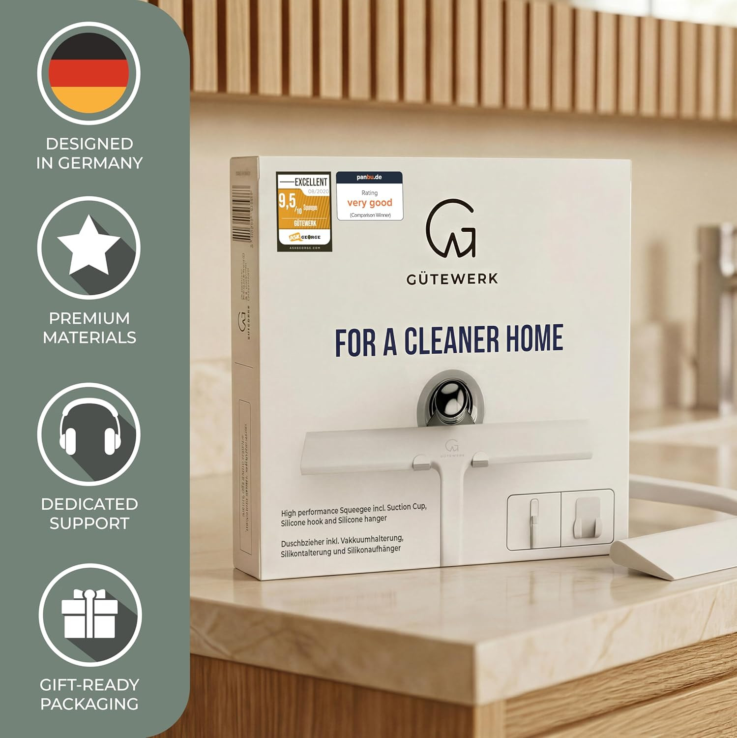 GÜTEWERK Silicone Shower Squeegee for Glass Doors & Mirrors with Stainless Steel