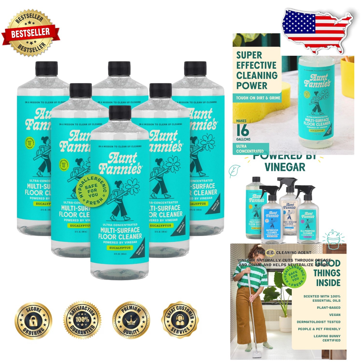 EWG A-Rated Floor Cleaner Concentrate 6x32oz – Eucalyptus, Natural, Pet Friendly