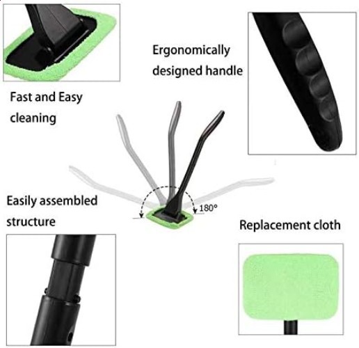 Interior Windshield Cleaner Tool, Reusable Pads, Extendable Handle Kit