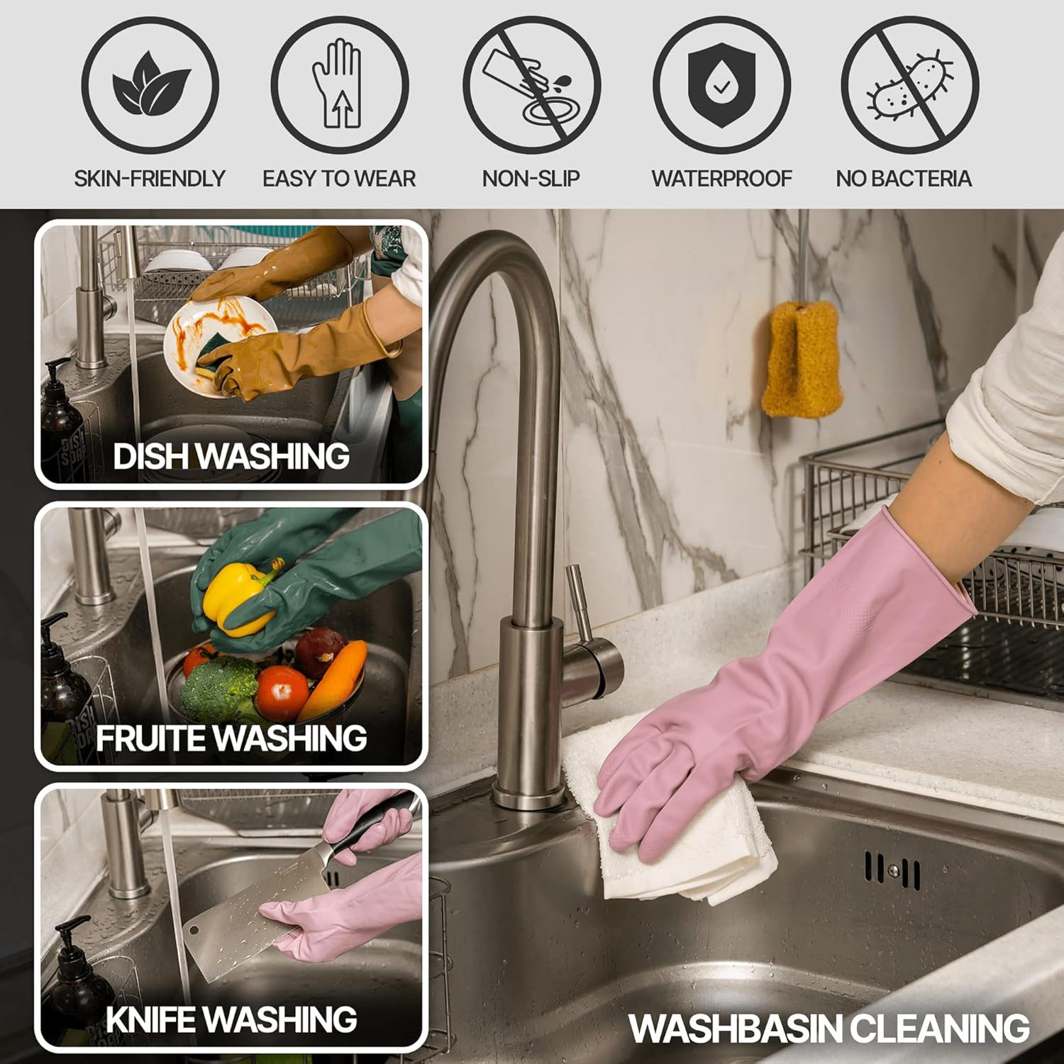 3 Pairs Colorful Reusable Waterproof Household Dishwashing Cleaning Rubber Glove