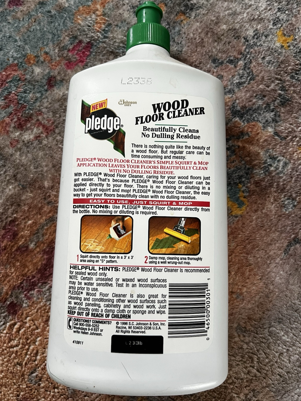 VTG SC Johnson Pledge Wood Floor Cleaner 1996 Original Formula 32oz Squirt&Mop