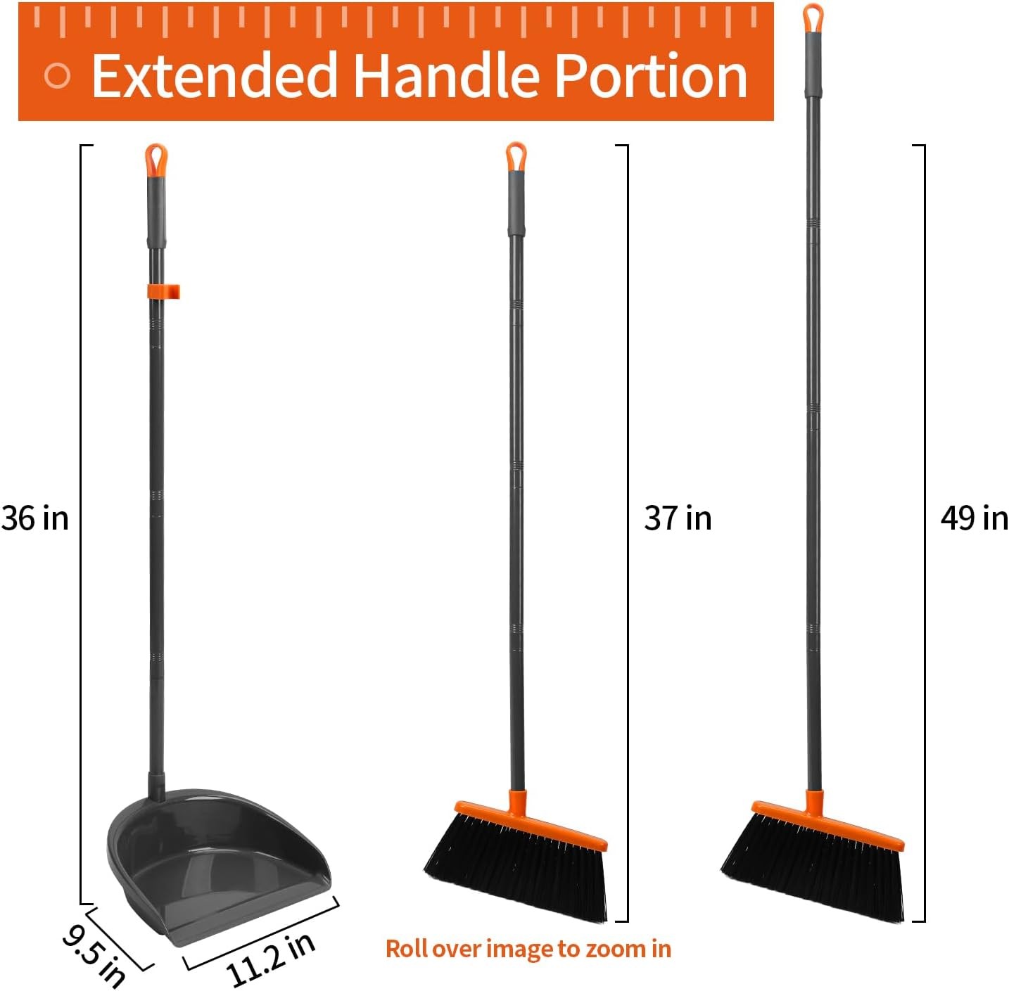 Broom and Dustpan Set ，Long Handle Broom with Upright Standing Dust