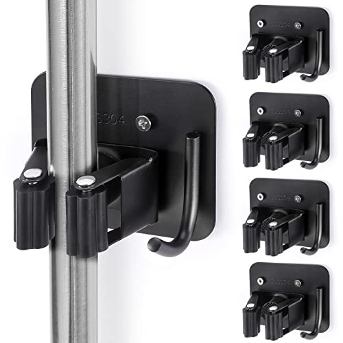 Stainless Steel Broom Mop Holder Wall Mount Rack 4 Gripper Positions 4 Hooks Bla