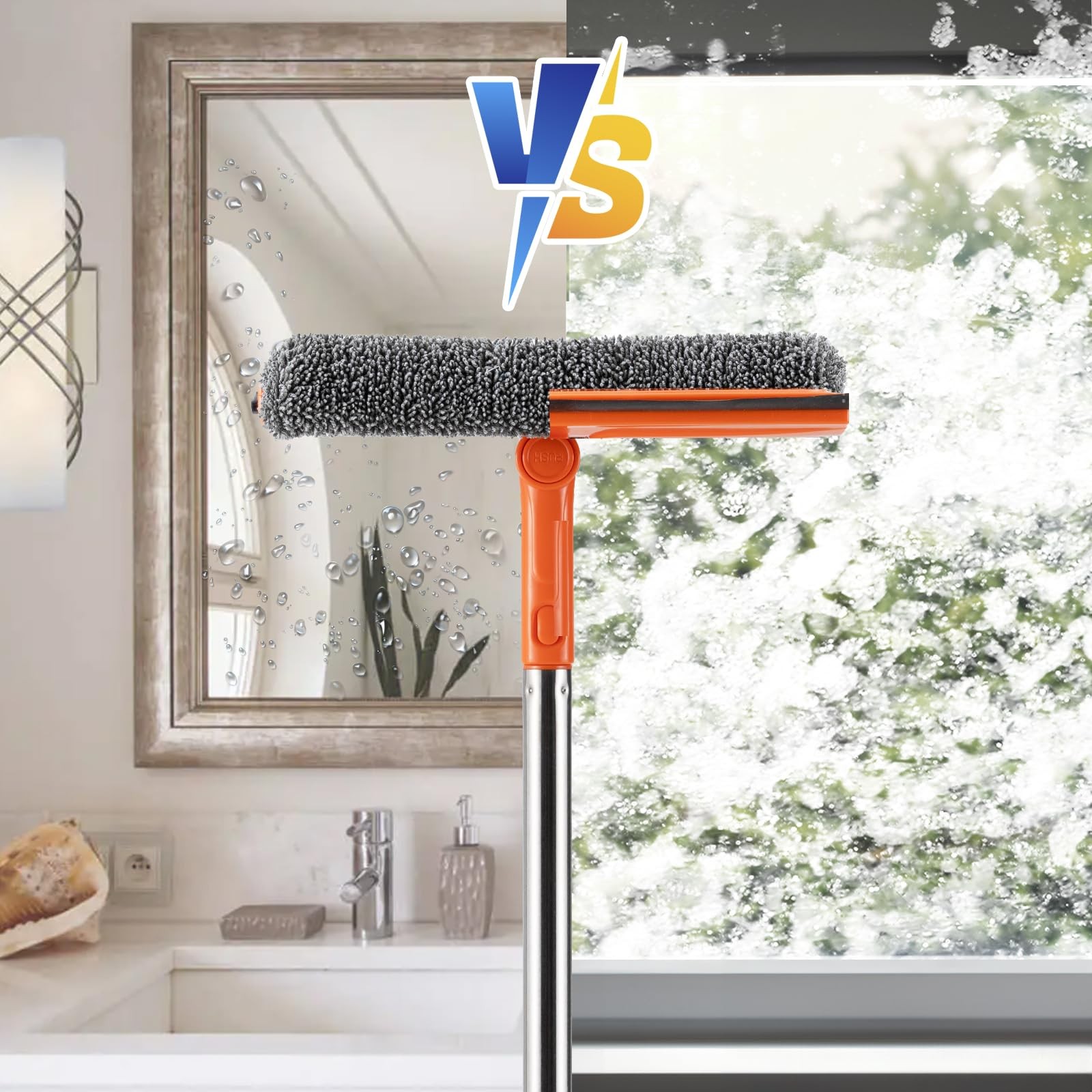 Professional 2 in 1 Window Squeegee with 68″ Long Stainless Steel Handle,Micr