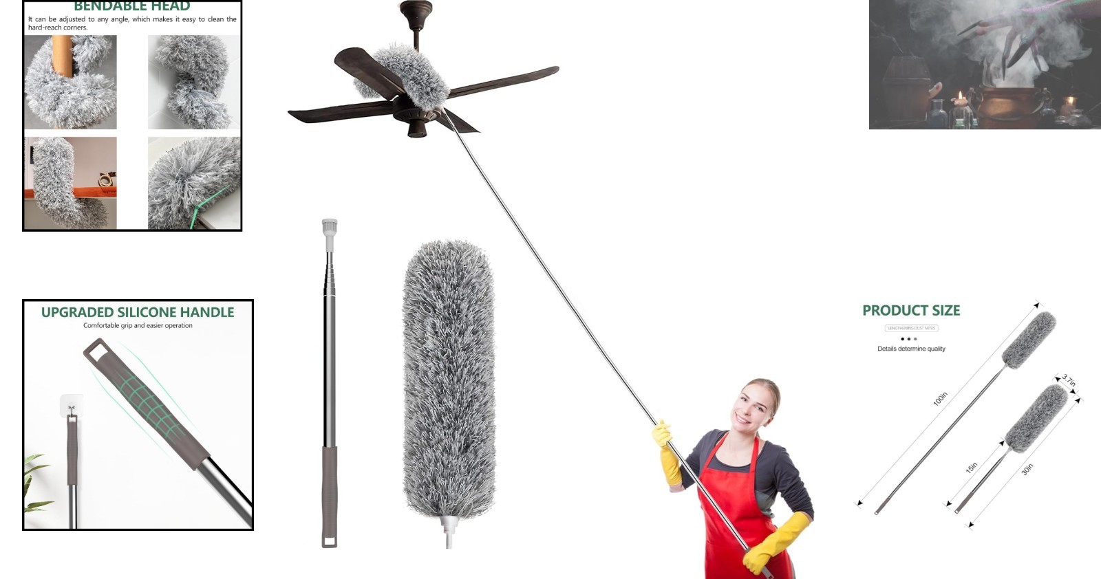 Bendable Microfiber Duster with 100-inch Stainless Steel Pole for Easy Cleaning