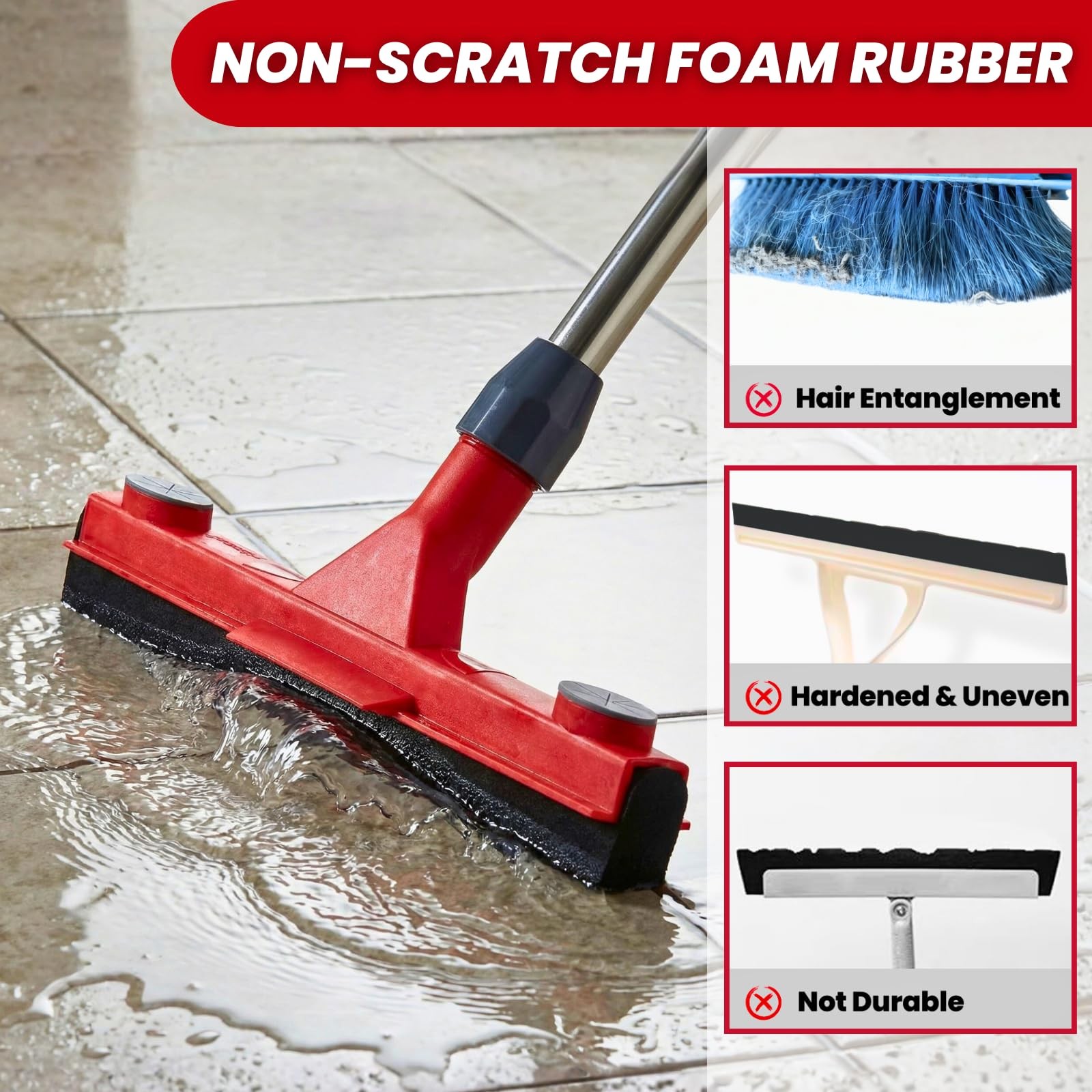 Floor Squeegee with 2 Replaceable Heads – 17” EVA Foam Blade for Uneven Surf…