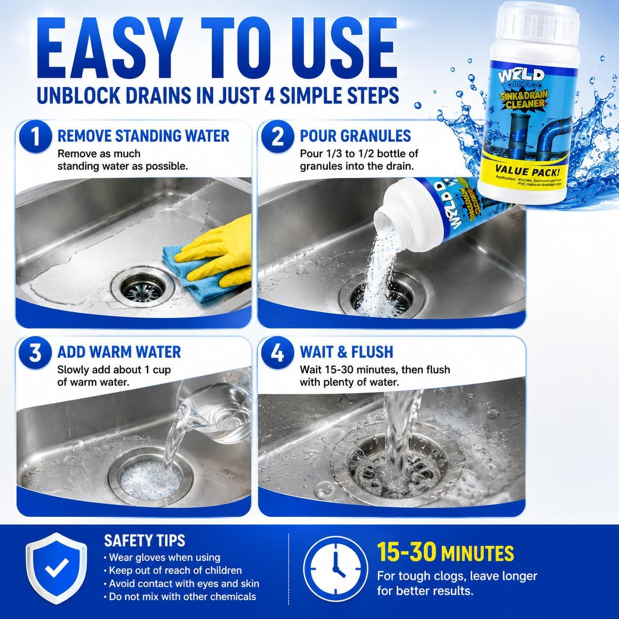 Wild Tornado Sink and Drain Cleaner, Drain Clog Remover & Opener (4Pcs) | Wild T