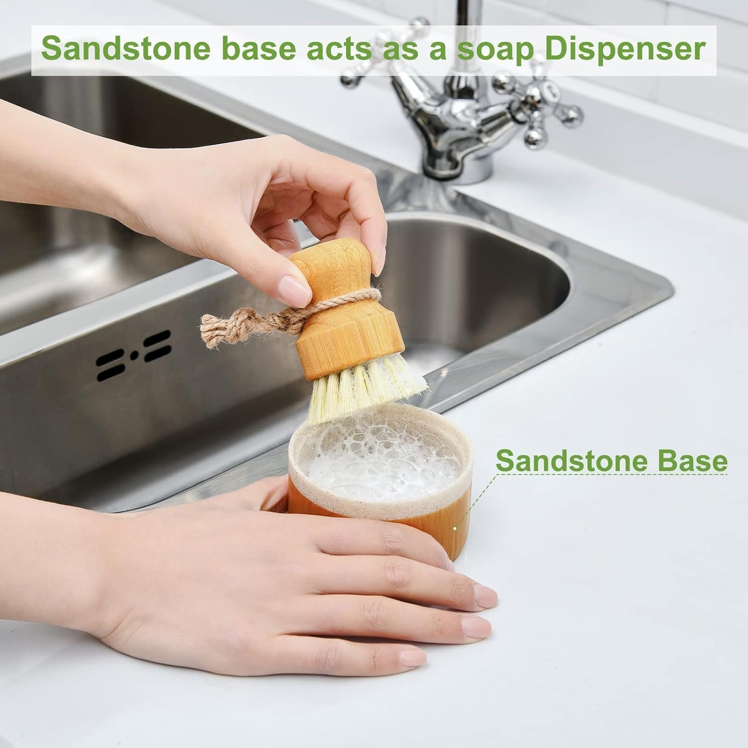 Bamboo Dish Brush Set with Soap Holder, Wooden Dish Scrubber with Soap Dispen…