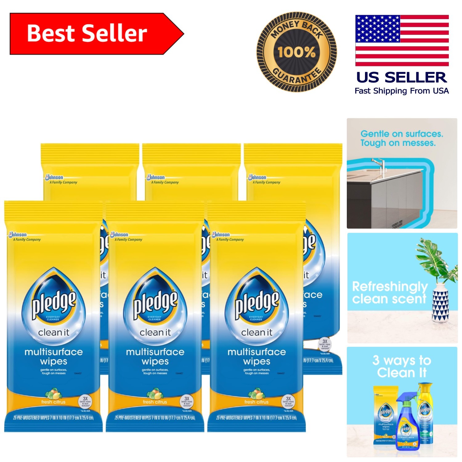 Citrus Scented Multi-Surface Wipes – Safe on Wood, Granite, Leather – Pack of 6