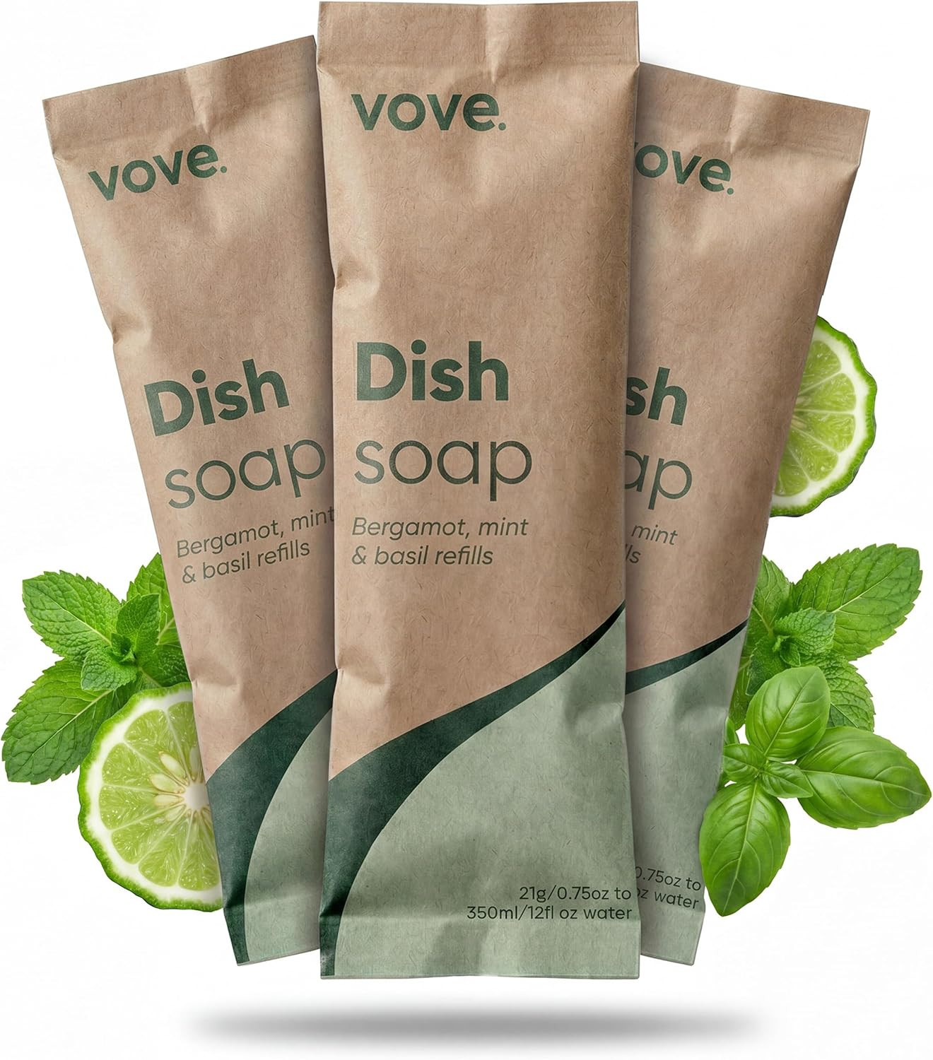 Dish Soap Refills 3-Pack, Bergamot Mint & Basil, Powder-To-Gel Dishwashing Liqui