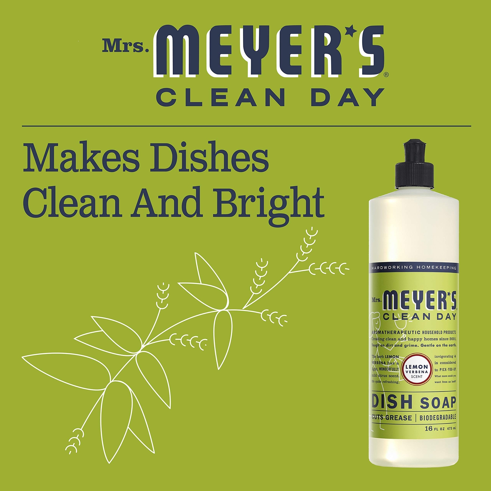 Mrs. Meyer’s Liquid Dish Soap, Biodegradable Formula, Lemon Verbena, 16 Fl. O…