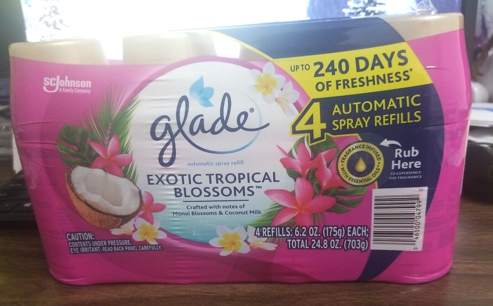 EXOTIC TROPICAL BLOSSOMS GLADE AUTOMATIC SCENTED REFILL CANS, (4-6.2 oz REFILLS)