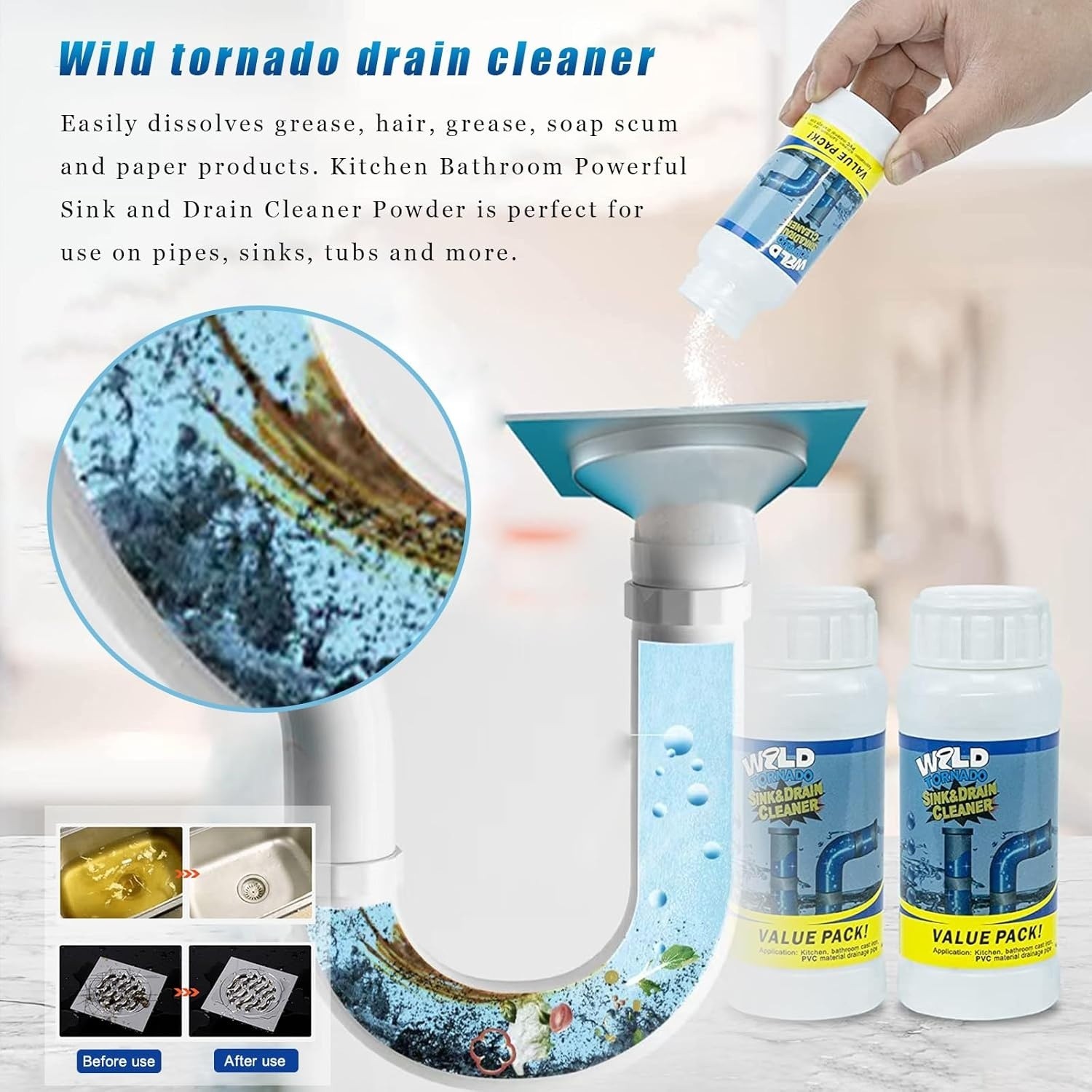 Wild Tornado Pipe Dredge, Powerful Sink& Drain Cleaner Powder,Fast Foaming Drain