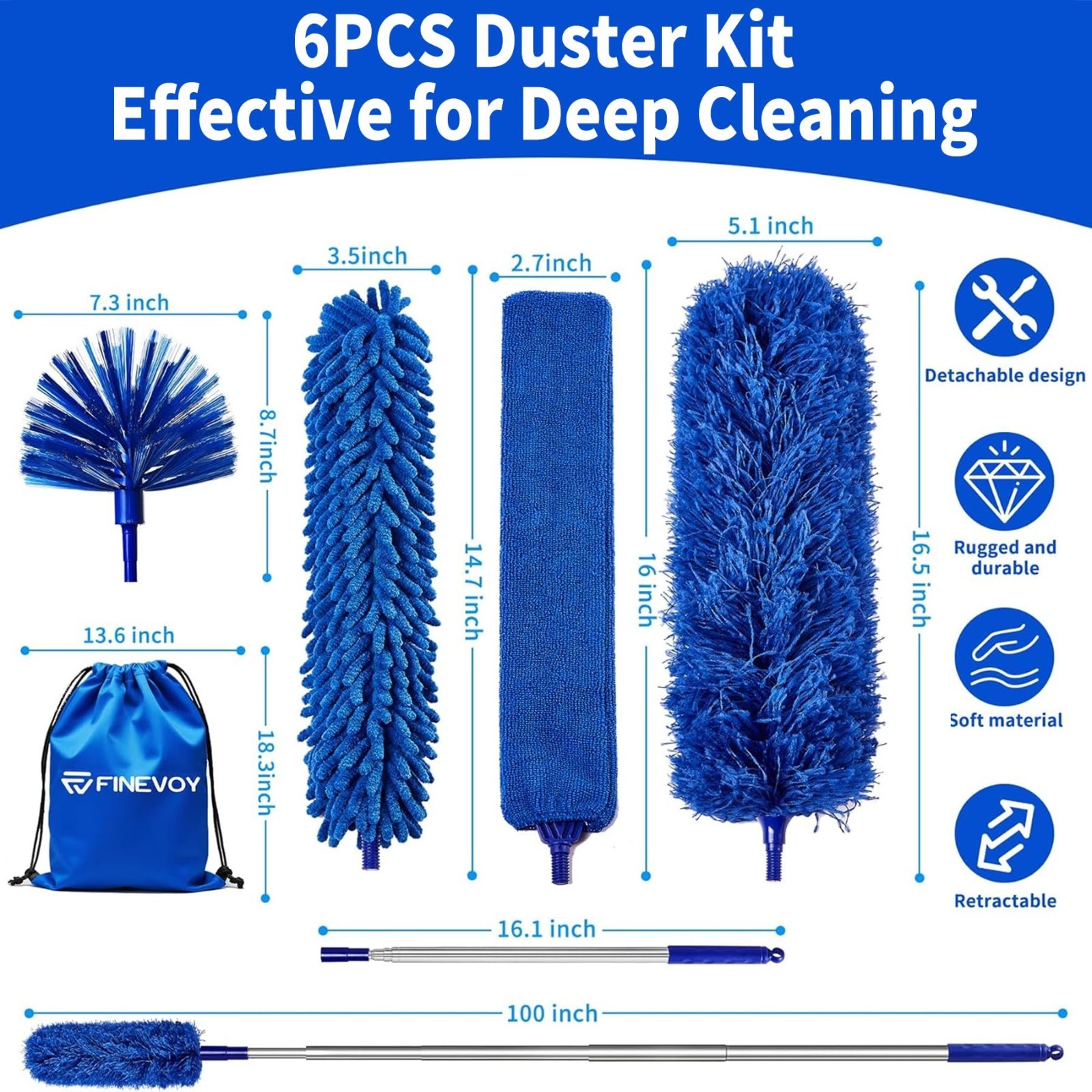 6-in-1 Duster Kit with 100″ Extension Pole, Microfiber Cobweb & Gap Cleaner for
