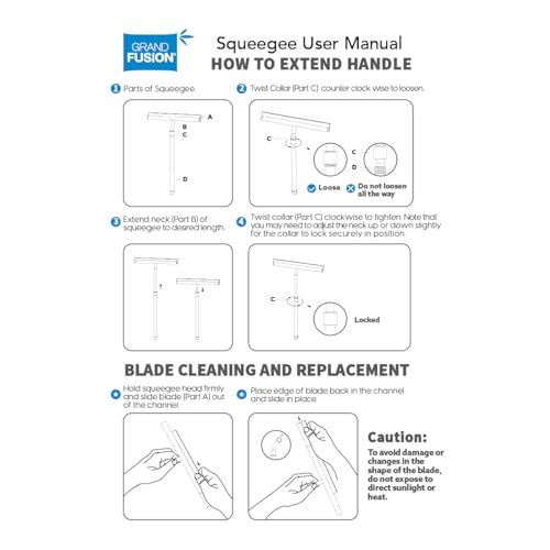 Grand Fusion Shower Squeegee with Long Handle for Glass Doors, Tile Walls,