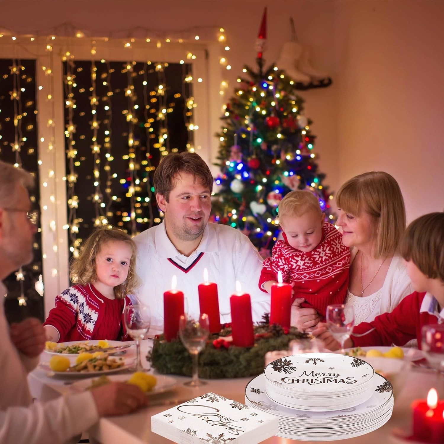 Sliner 230 Pcs Christmas Disposable Plastic Plates Set 7 and 9″ Silver Plates