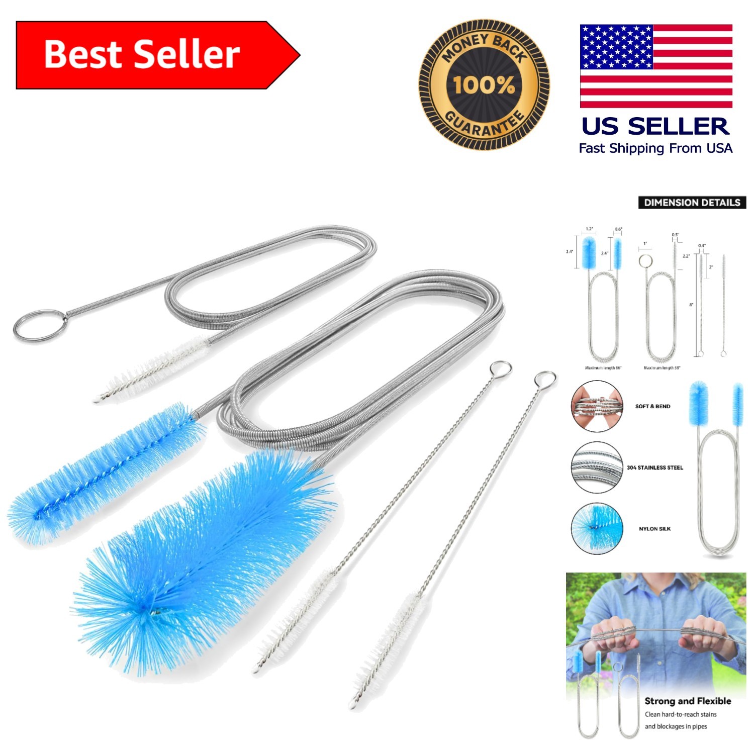 Flexible Drain Brush with Stainless Steel Handle: 4-Piece Cleaning Set