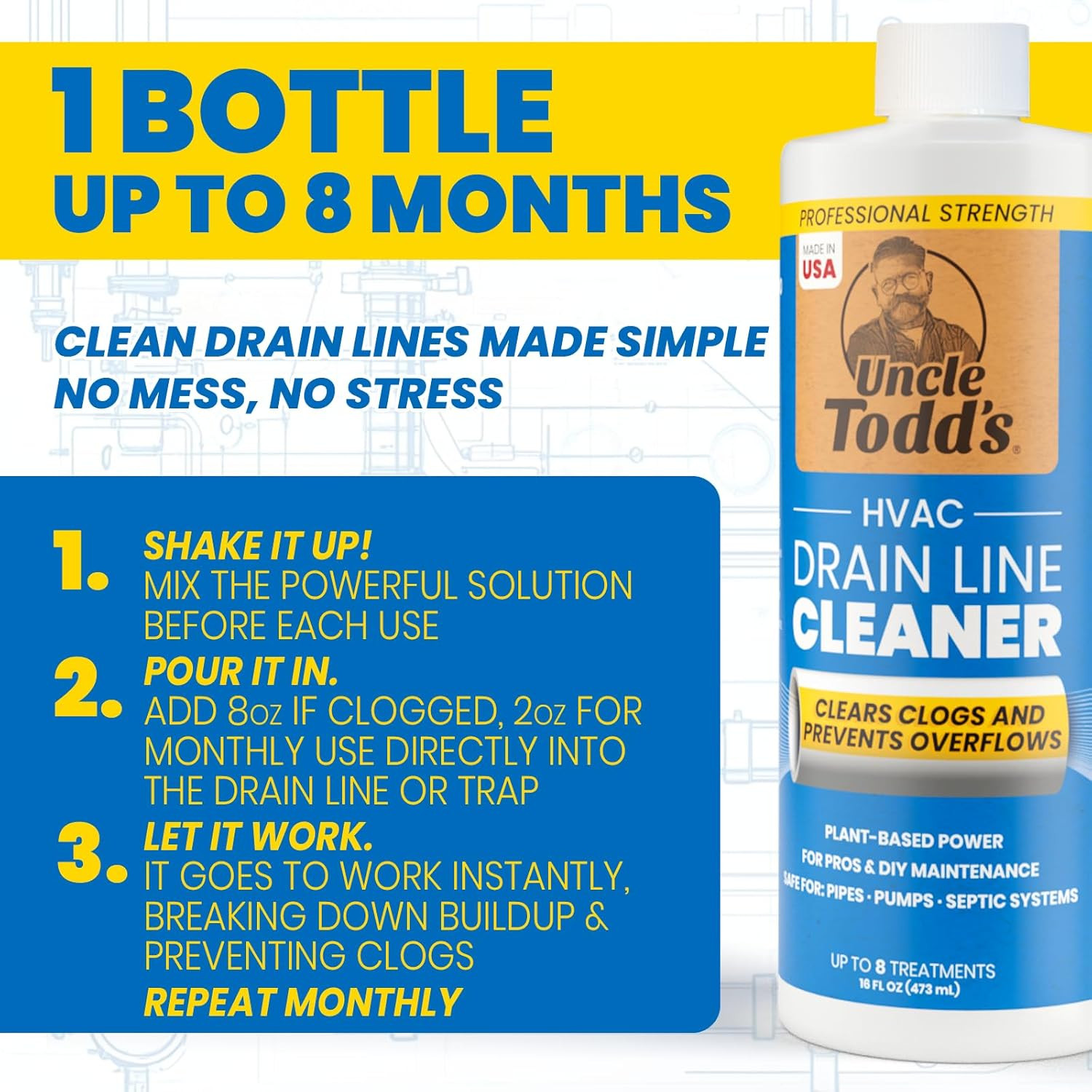 HVAC Drain Line Cleaner – 16Oz / 8 Months Supply Bleach-Free, Fast-Acting, Long-