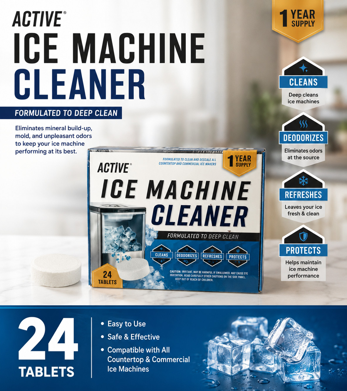 Active – ICE Machine Cleaner – 24 Pack – 12 Month Supply – SEALED