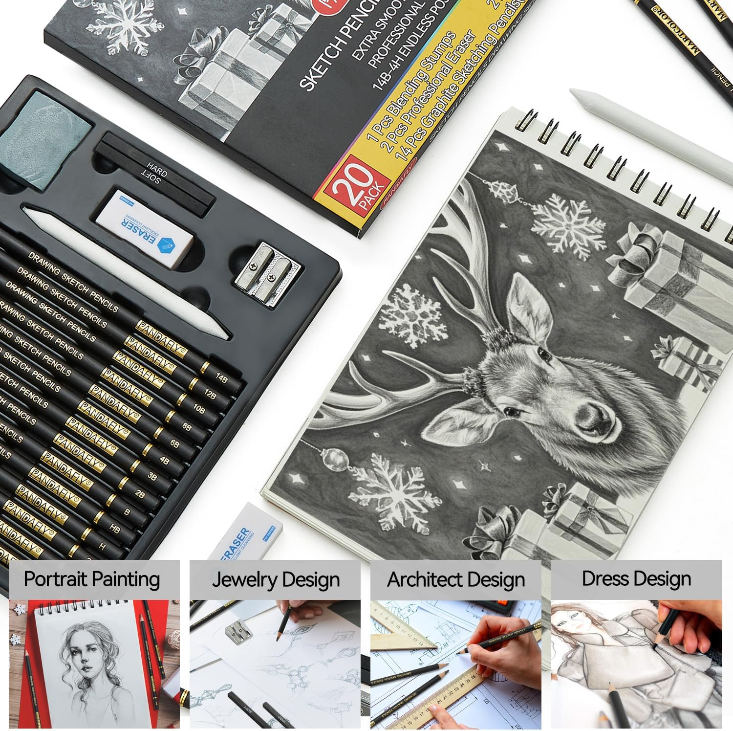 Drawing Sketching Pencil Set, 20 Piece Pro Art Pencil Kit, 4H-14B Graphite Penci
