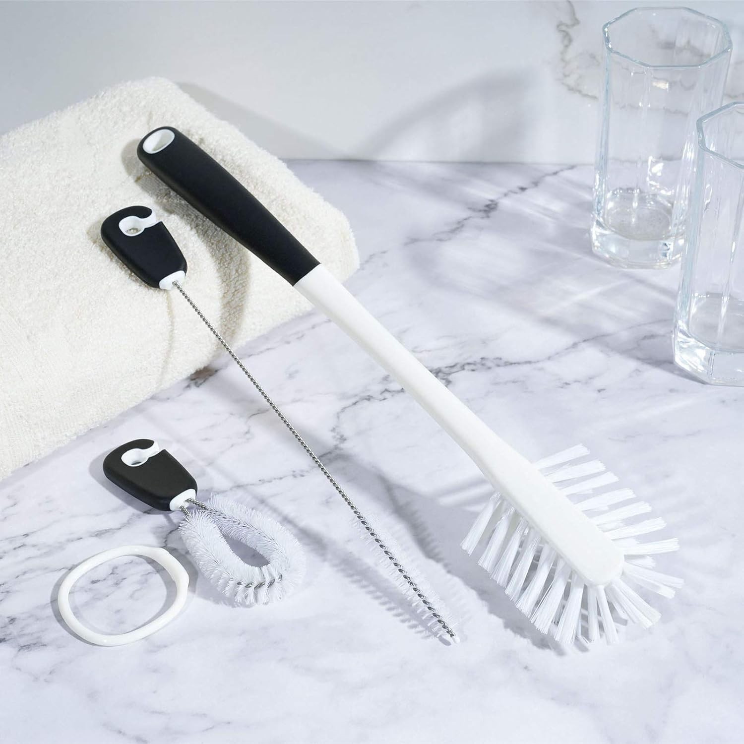 Three-in-one water bottle cleaning brush set.
