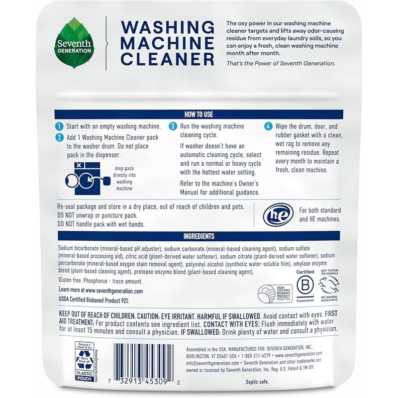 Washing Machine Cleaner Oxy Power Odor Eliminator Biobased 6 Month Supply New