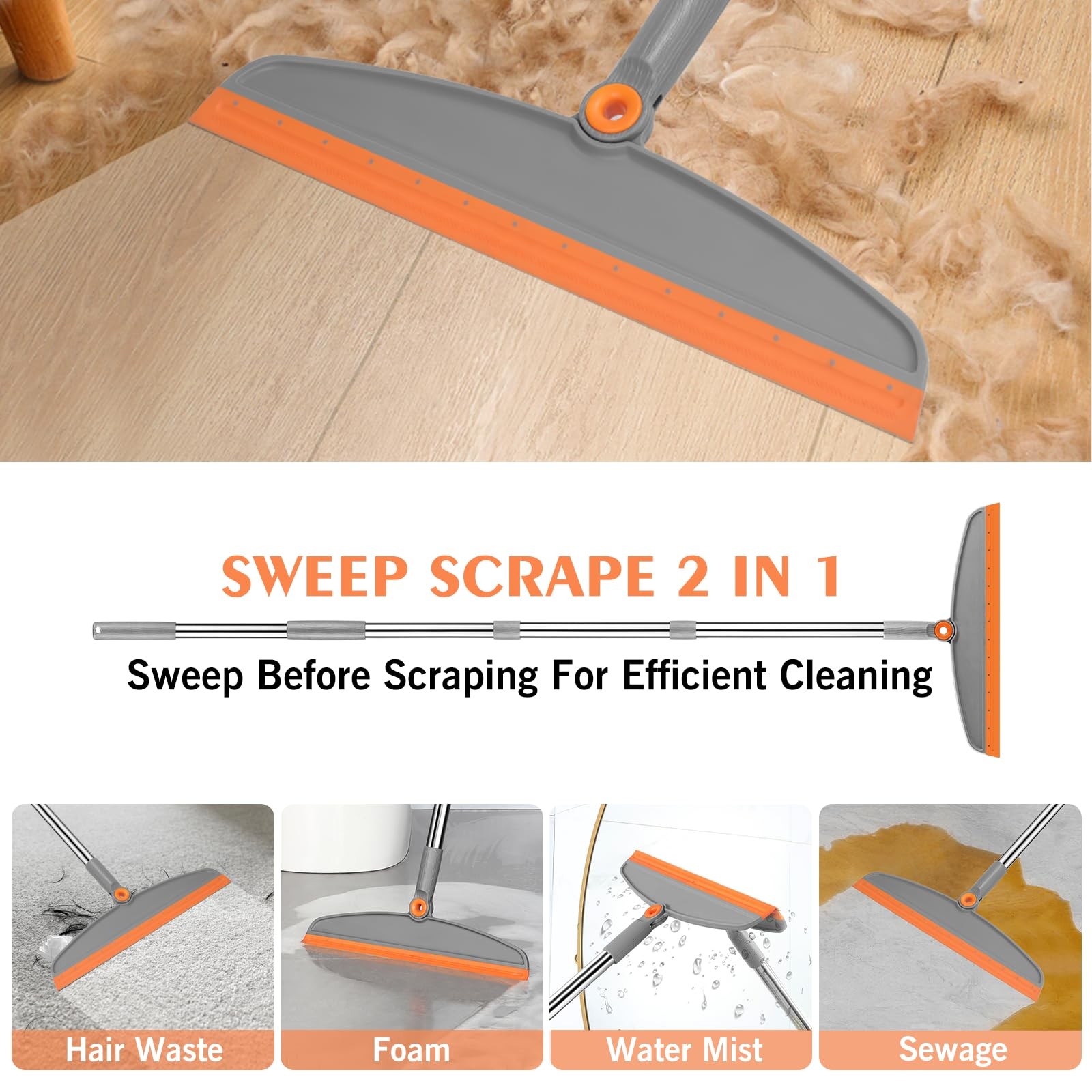 Multifunction Silicone Broom, 54 Inch Long Handle Silicone Floor Squeegee Broom
