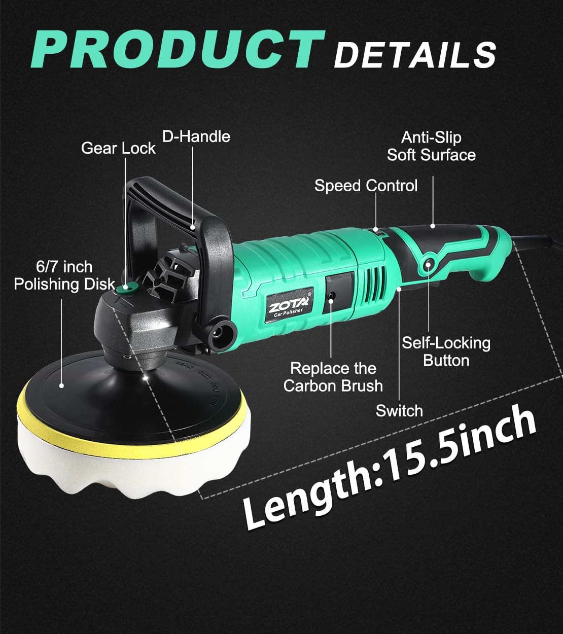 Car Buffer Polisher 1600W 7 Inch Variable Speed Waxing Detailing M14 Corded