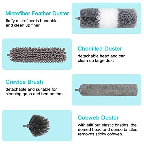 12pcs Microfiber Duster Set with Extension Pole 30-100”, Washable Bendable Dust