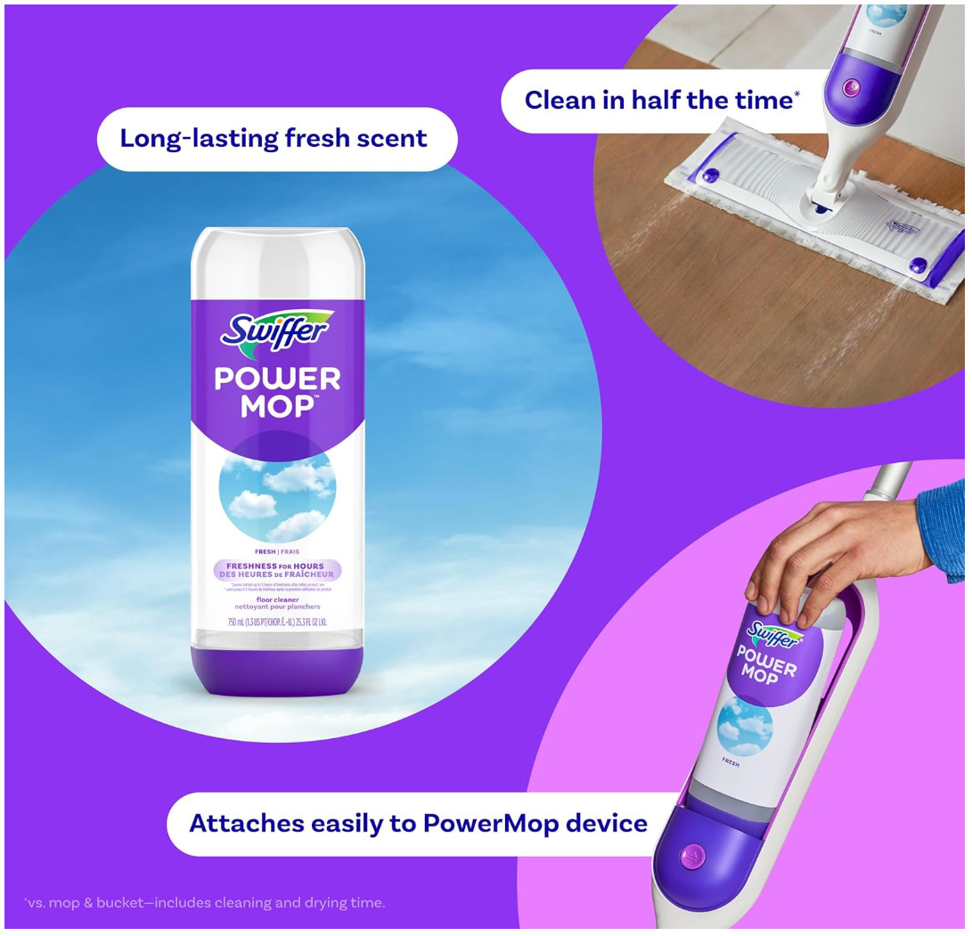 Swiffer Power Mop Refill Solution, Fresh Scent Floor Cleaner, 25.3 oz (2 Pack)