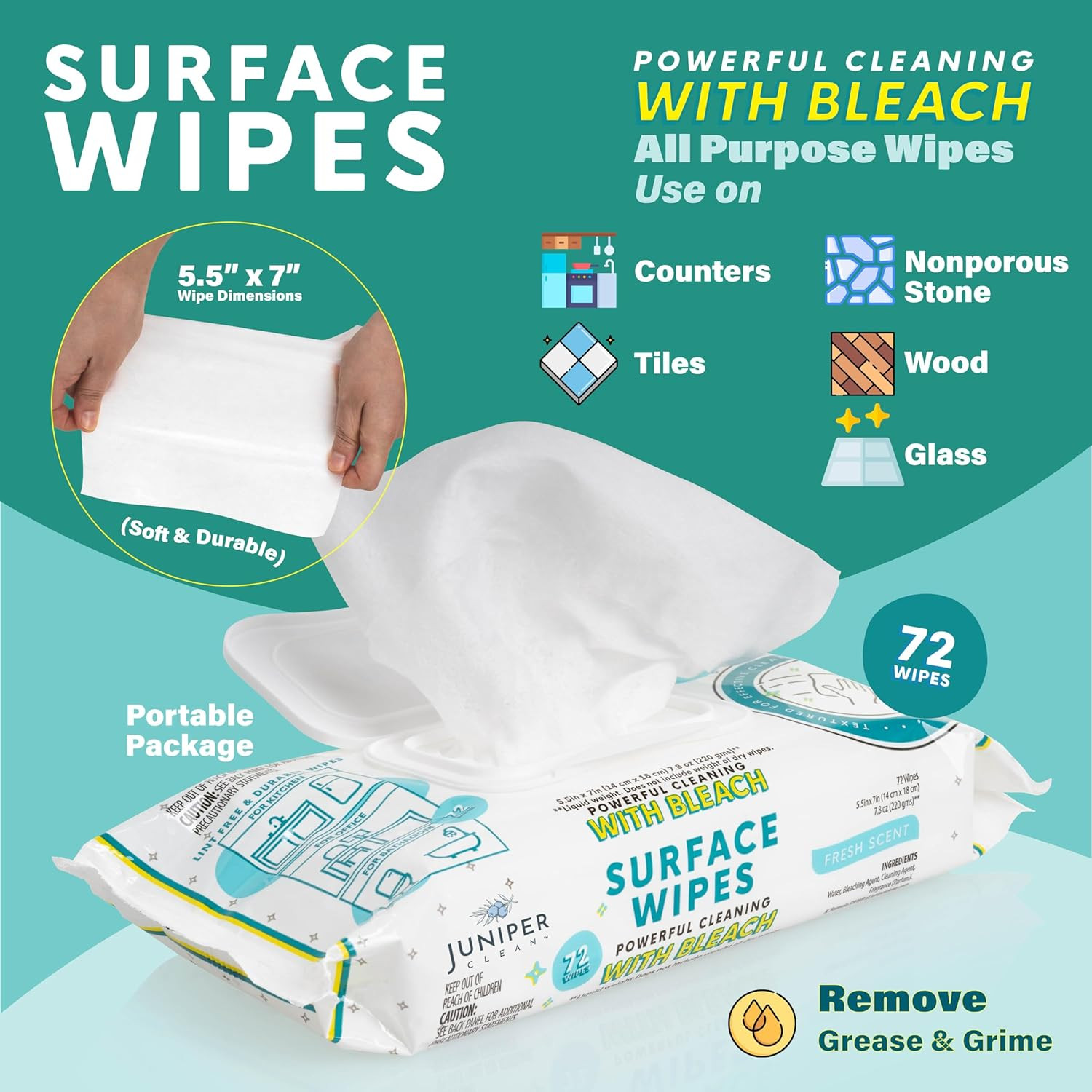 3 Pack Surface Cleaning Wipes with Bleach, All-Purpose Cleaner for Bathroom, Kit