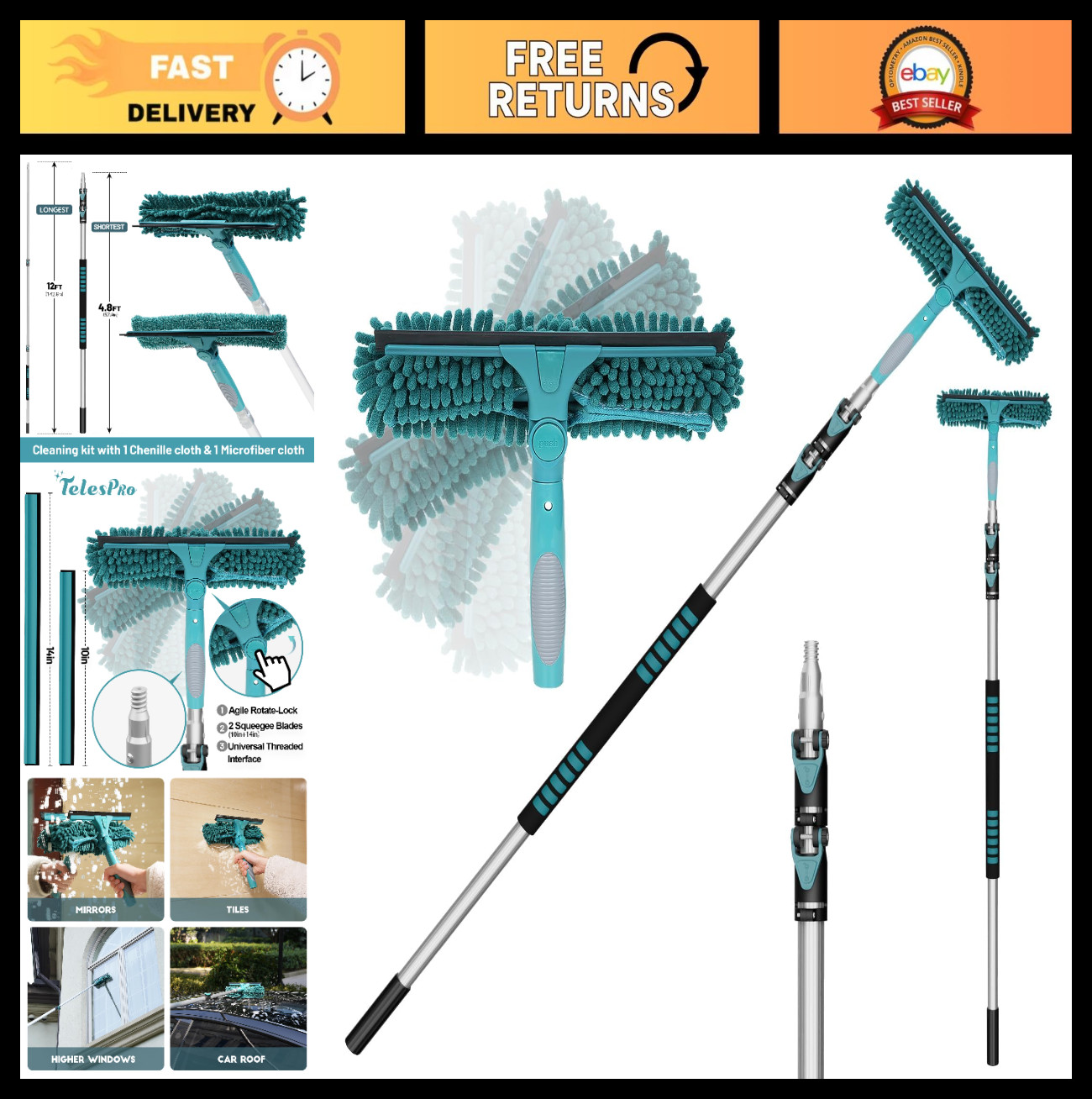 20ft High Reach Window Squeegee & Extension Pole, Telescoping Cleaner Kit, 3-Sta