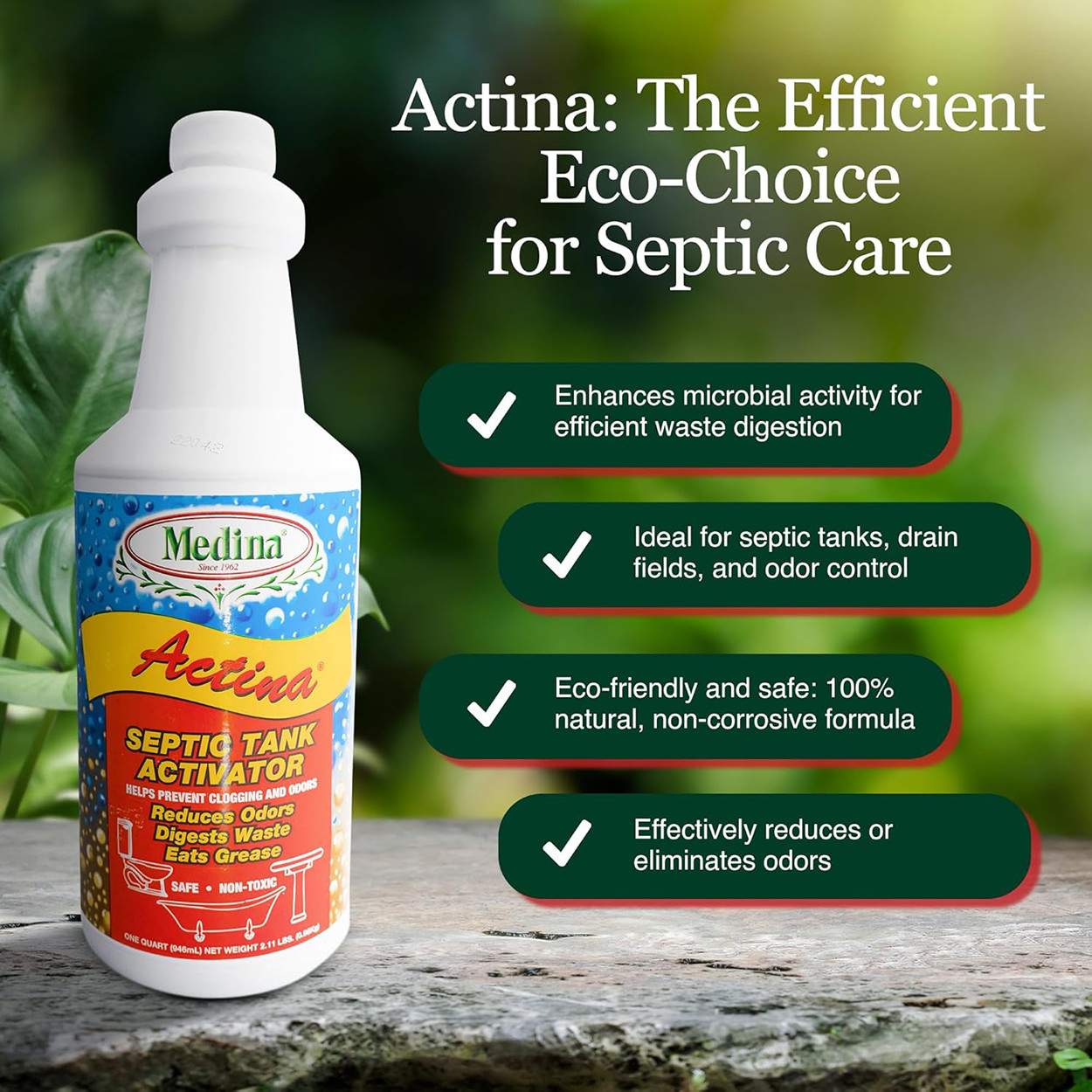 Actina Septic Tank Activator Reduces Odors Digests Waste 32 fl oz by Medina