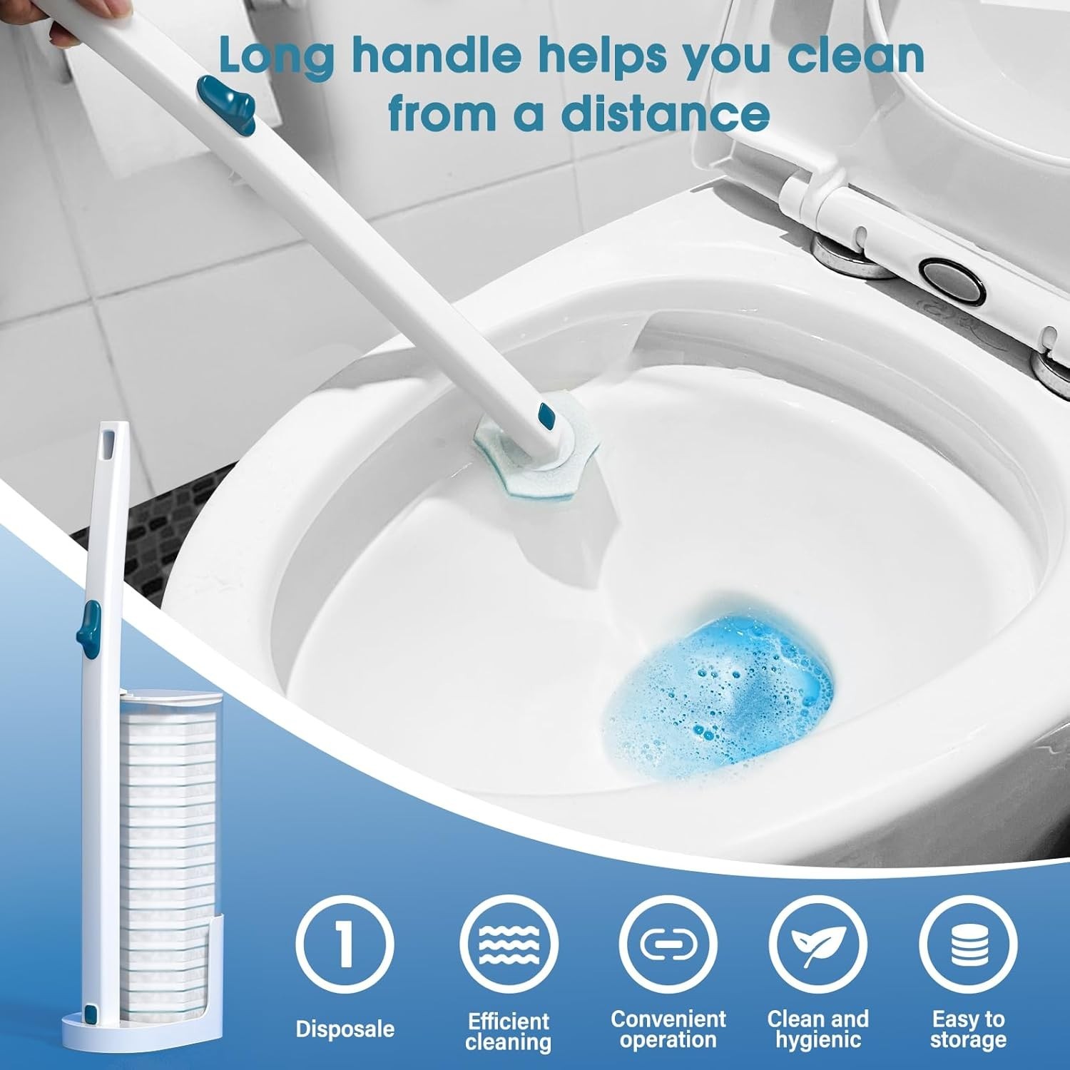 Sistema de limpieza de inodoros desechable con mango para la limpieza del baño