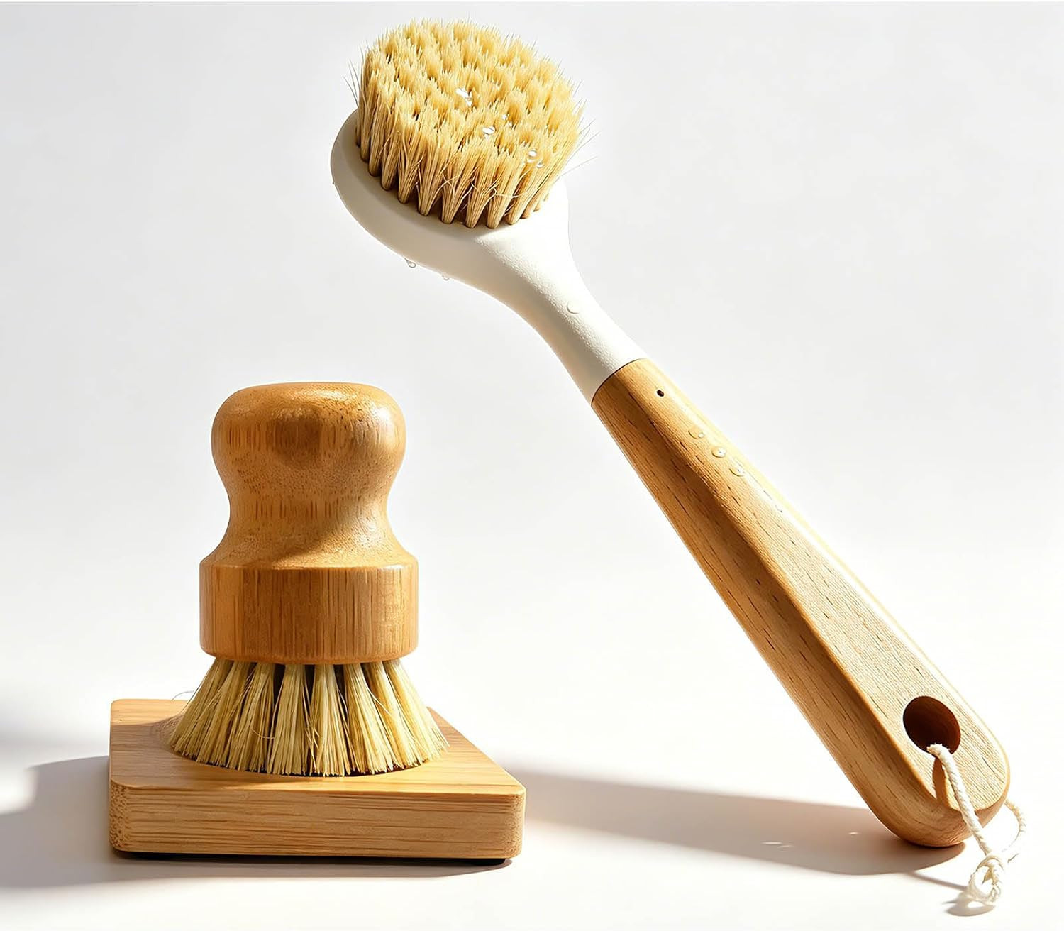 Natural Bristle Dish Brush Set, 1 Wooden Dish Brush and 1 Bamboo Dish Brush with
