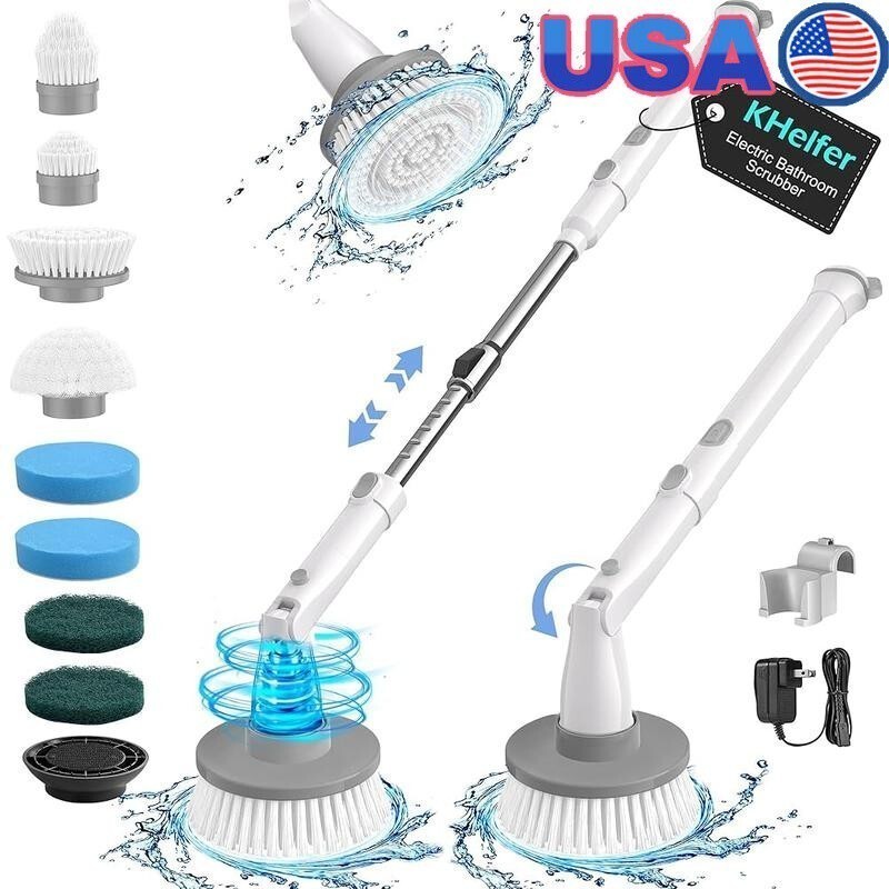 2Speed Electric Spin Scrubber Cordless 8 Heads Adjustable Handle Cleaning Brush