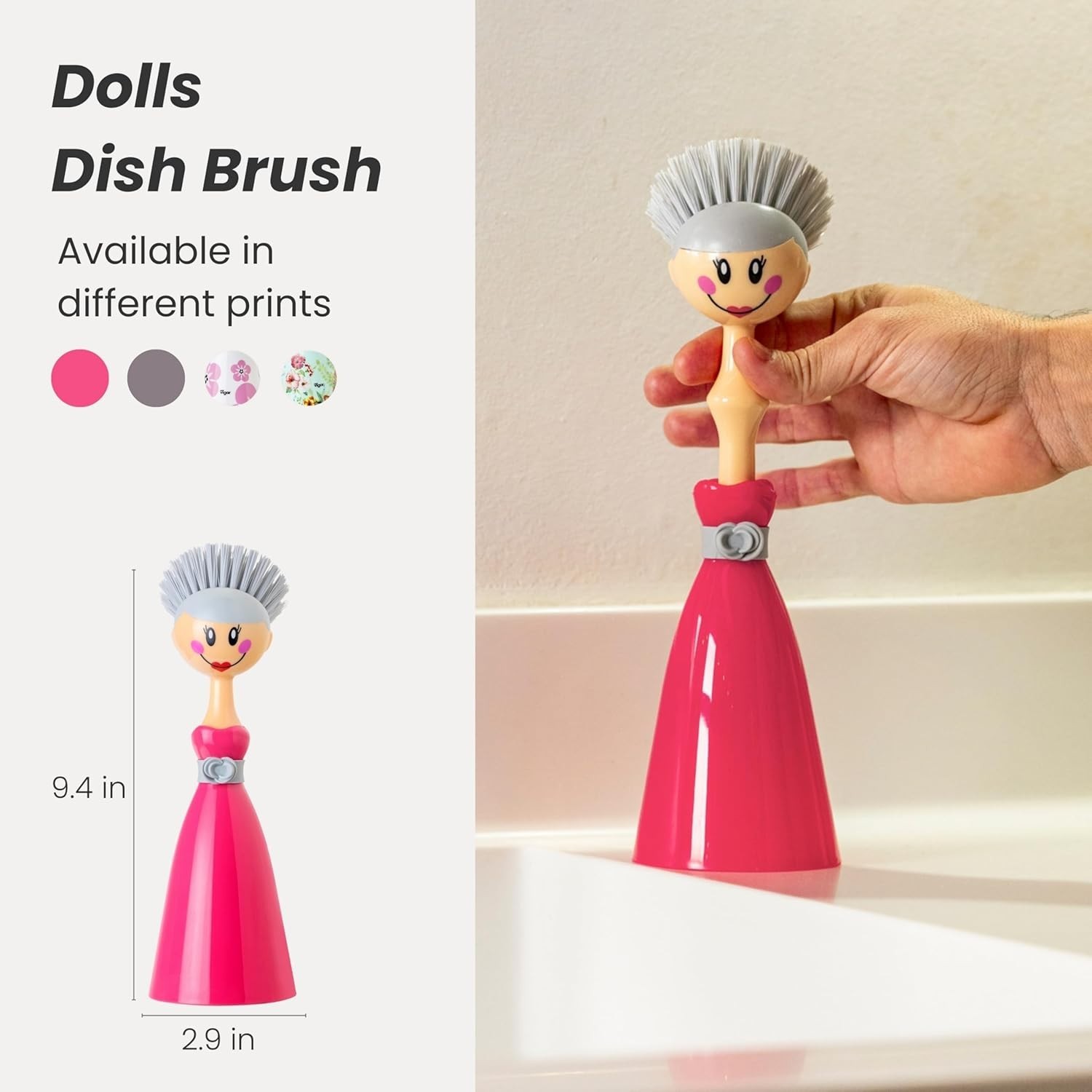 Dish Brush with Handle and Dress Holder Kitchen Sink Cleaning Pink Gray