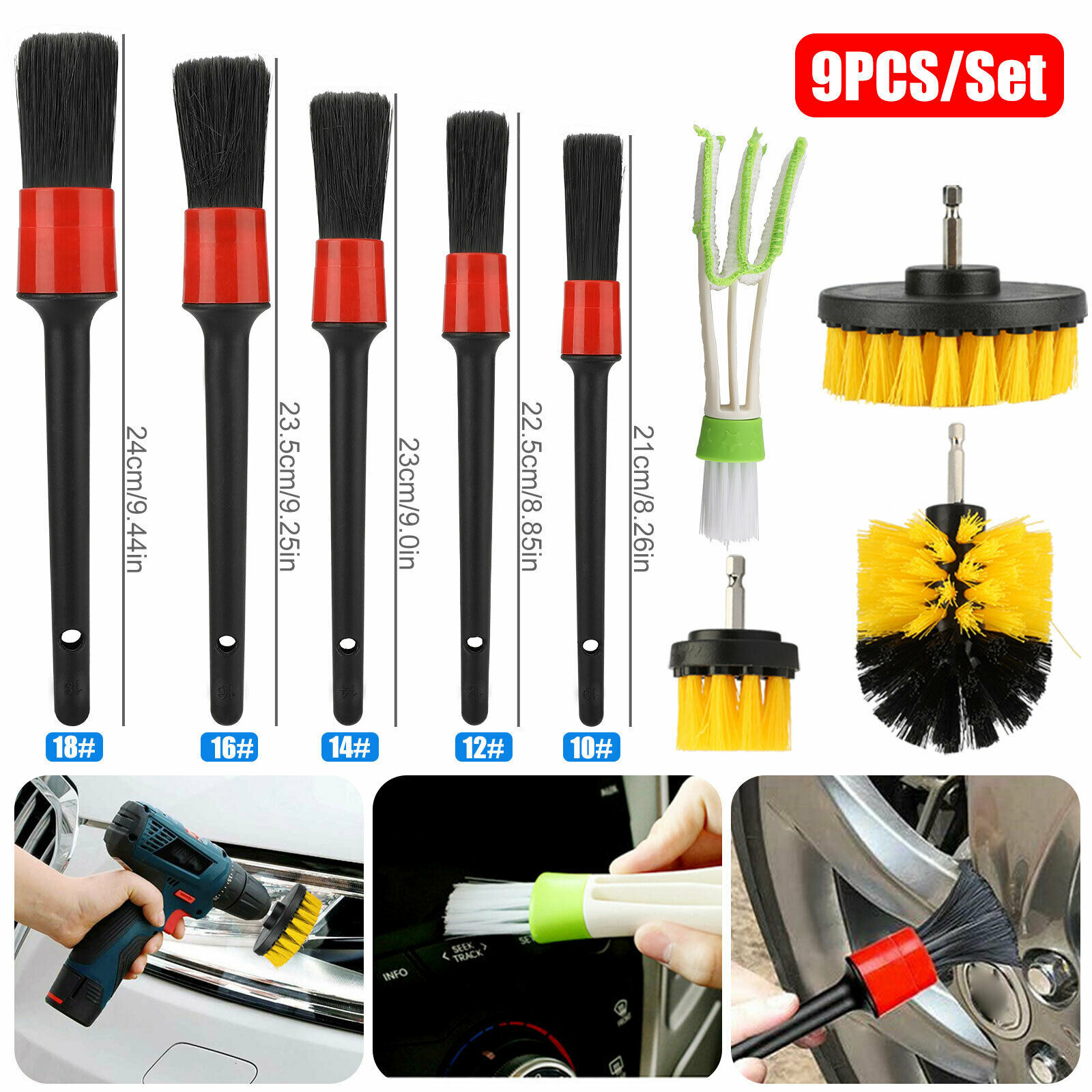9Pcs Electric Drill Brush Attachment Set Car Cleaning Kit Power Good Wood Handle