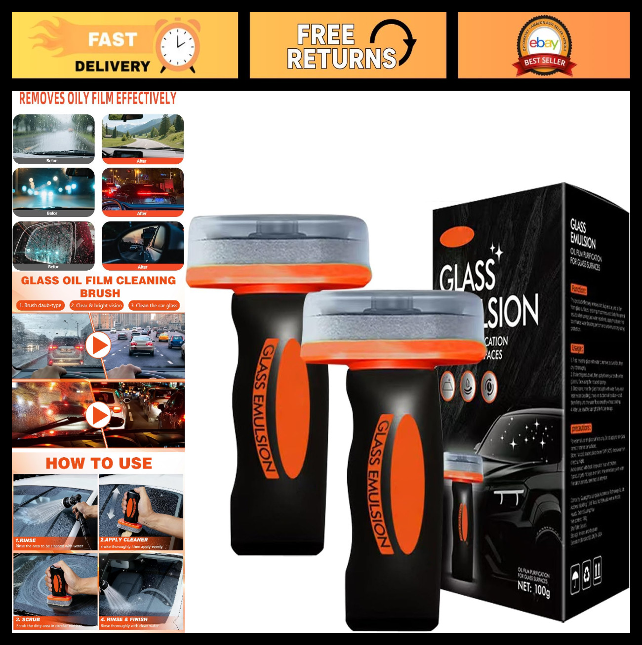 Oil Film Remover for Car Glass – Windshield Cleaner Brush Set (2 Pcs) – Clarity