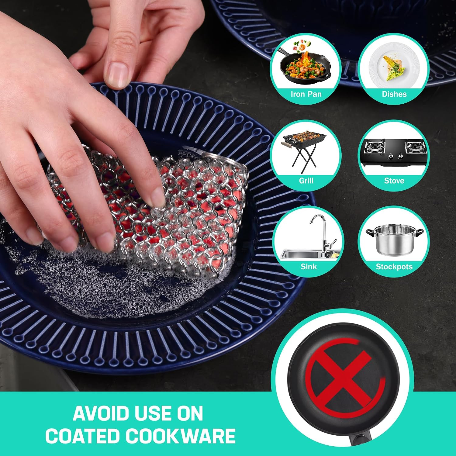 Cast Iron Chainmail Scrubber Stainless Steel Silicone Cleaner for Skillet Pan