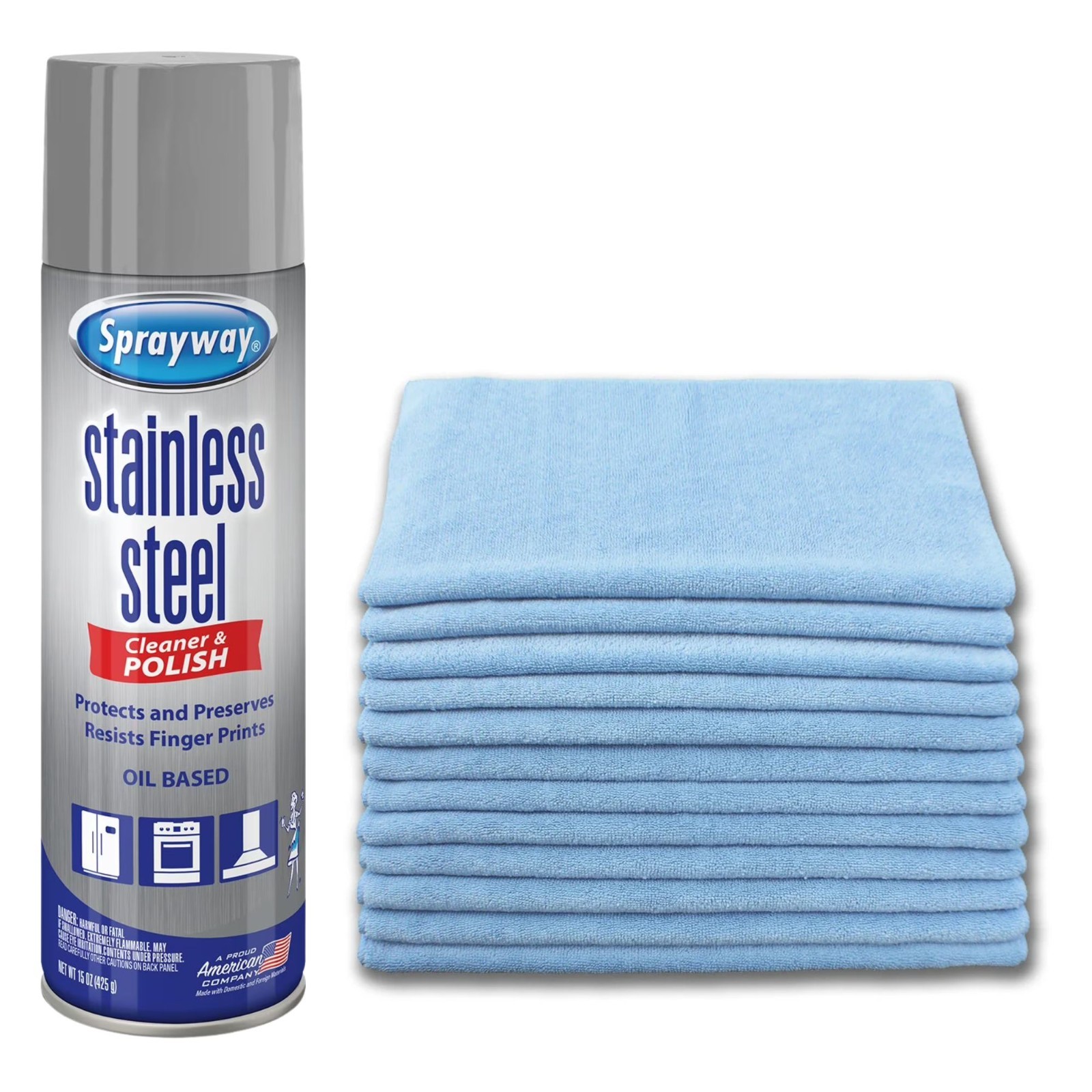 Sprayway Stainless Steel Cleaner & Polisher With 12×12 Microfiber Cloths – Blue