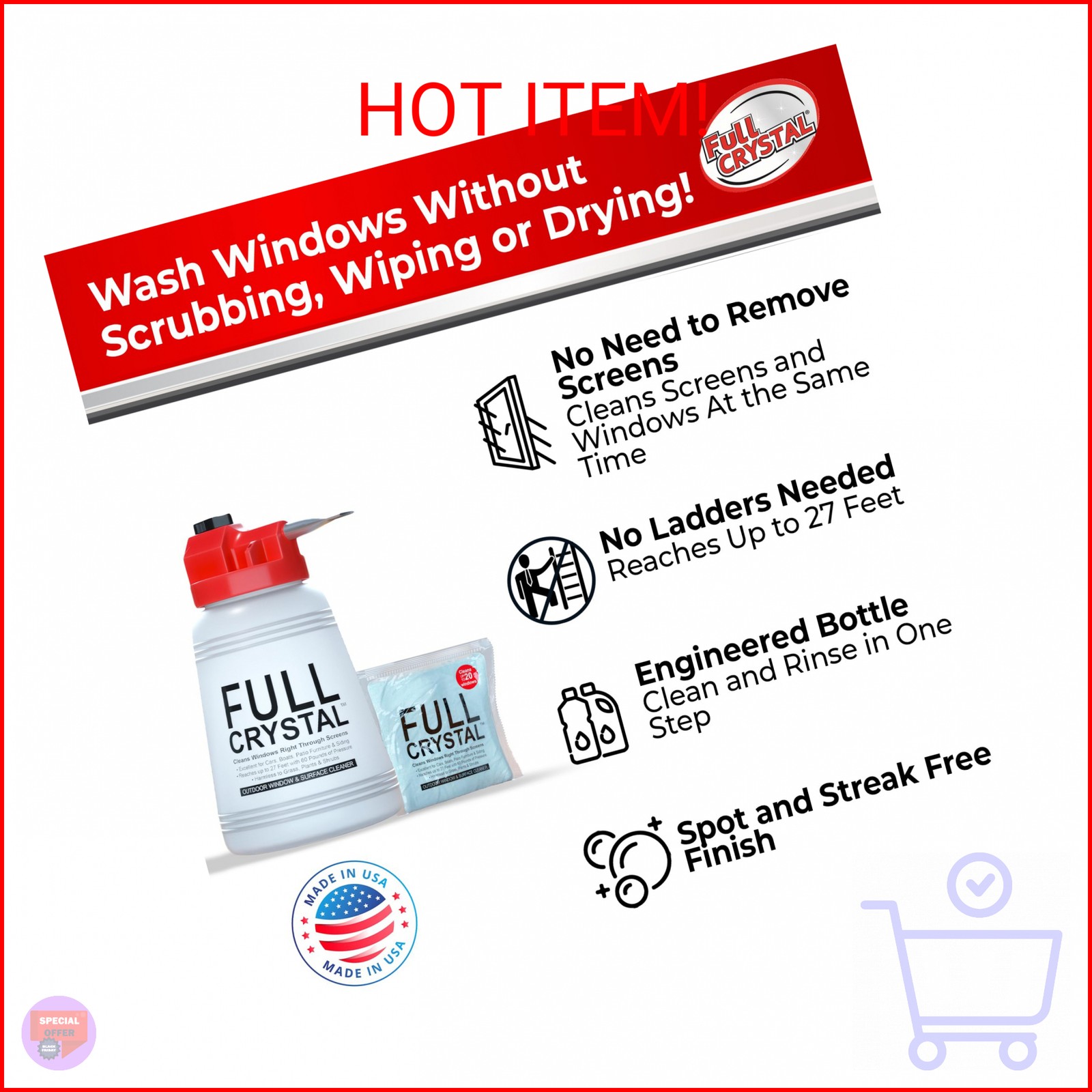 Full Crystal Window Cleaning Kit – 4 oz Glass Cleaner and Bottle with 27 ft Reac