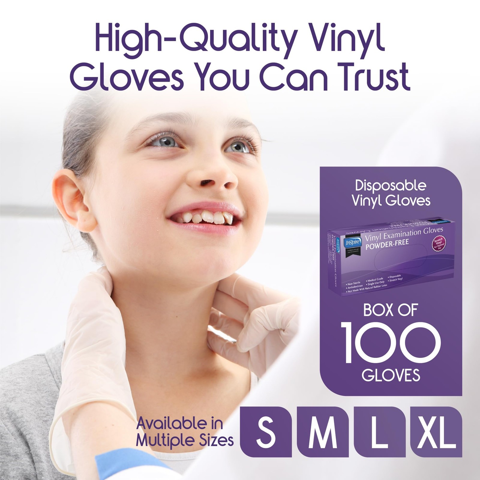 Inspire Medical Exam Gloves | Powder Free Stretch Vinyl Glove | Large, White